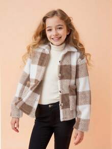 Tween Girl Plaid Print Button Front Long Sleeve Jacket, Autumn/Winter - Multicolor - View 1