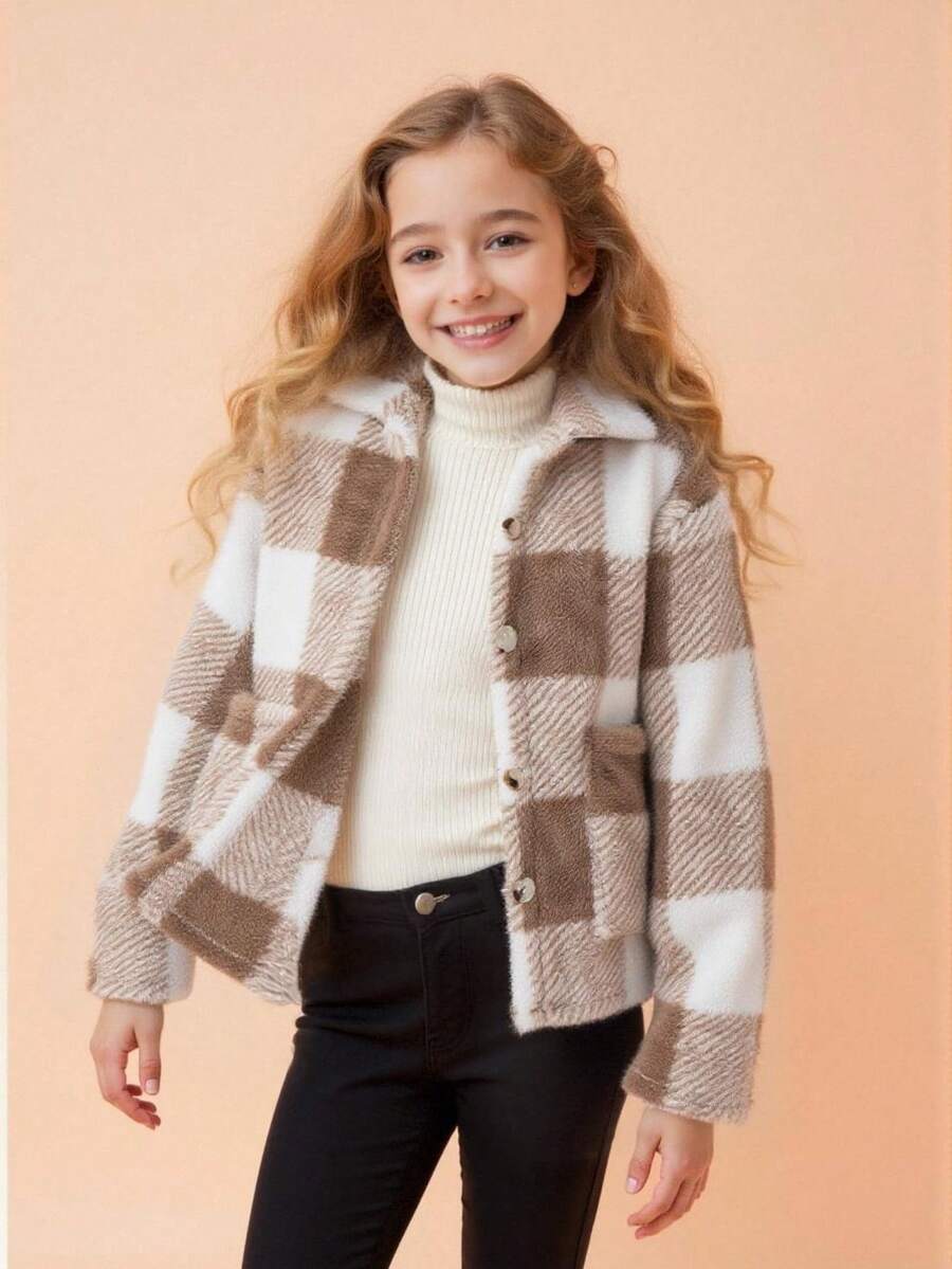Tween Girl Plaid Print Button Front Long Sleeve Jacket, Autumn/Winter - Multicolor - View 1