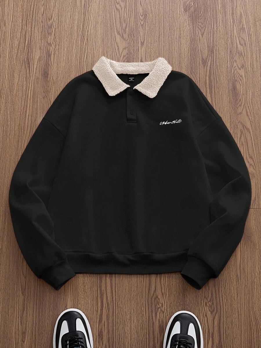 EASEVO 男士加大码字母刺绣撞色 Polo 领长袖休闲套头卫衣，冬季款 - 黑色 - 查看 1