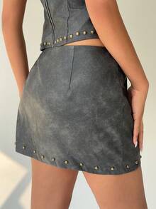 Aloruh Hippie Boho Y2K Ultra Low Waist Mini Lace-Up PU Skirt Vintage - Brown - View 3
