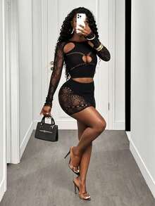 BamGleam Women's Hollow Out Design Long Sleeve Sexy Mesh Top And Bodycon Mini Skirt Sexy Set - Black - View 6