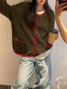 DAZY 女士撞色圆领韩版长袖开衫，秋冬圣诞新年款 - 紅色 - 查看 4