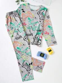 2 件套青少年男孩电子游戏印花睡衣套装 - 长裤和长袖上衣 - 深灰色 - 查看 8