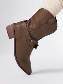 Styleloop 女式深色朋克哥特靴、棕色刺绣西部高筒靴（侧拉链）、厚底牛仔靴、Y2K 系带机车靴、一脚蹬弹性及膝靴、中筒靴 - 棕色 - 查看 3