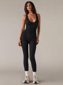 SHEIN BAE Women's Fashionable Sporty Cross-Design Backless Bodycon Jumpsuit Airport Outfit Full Bodycon Jumpsuit Airport Outfit Gym Women Outfit - Black - View 2