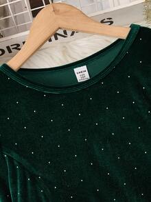 Sparklyn Tween Girls' Fashionable Minimalist Rhinestone Embellished Casual Everyday Dress, Christmas - Green - View 6