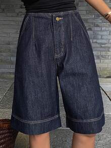 DAZY 女士常规中腰宽松都市休闲牛仔短裤 Y2k - 深色水洗藍 - 查看 3