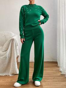 EURMUSE Turtleneck Long Sleeve Sweater With Pearl & Sweater Pants Co-Ords - Dark Green - View 1