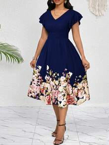 SHEIN Lady 女式休闲花卉印花中长连衣裙 - 藏蓝色 - 查看 4