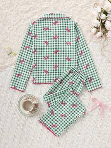 女学生睡衣套装，可爱蝴蝶格子印花长裤和开衫，长袖休闲两件套家居服，适合青少年女孩 - 彩色 - 查看 2