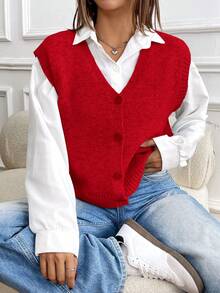 EMERY ROSE Women's Casual Solid Color Single-Breasted Knitted Vest, Autumn/Winter