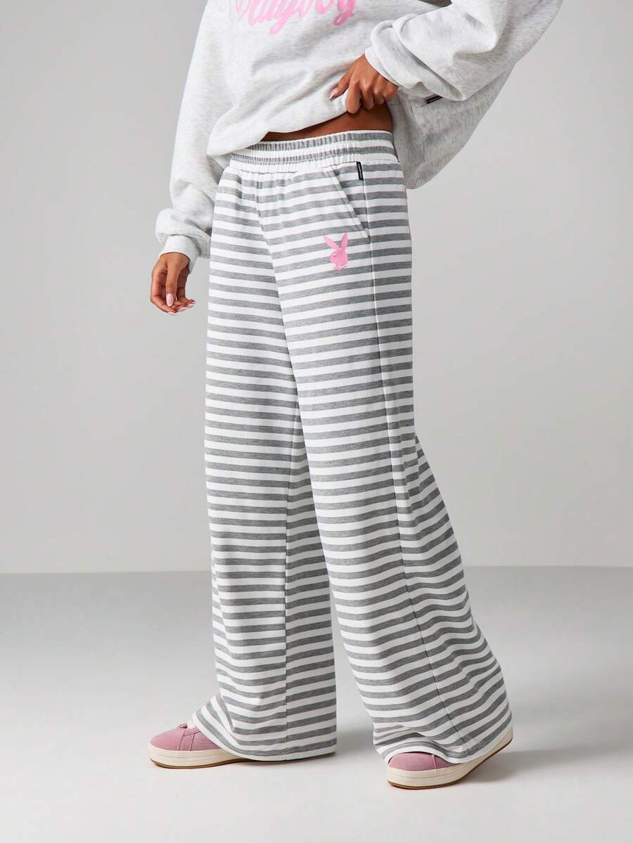 Missguided x Playboy Wide Leg Striped Jogger Sweatpants With Bunny Logo For Loungewear Comfort - Multicolor - View 1