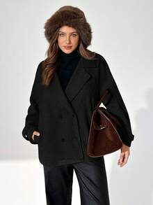 Auralis Plus Size Women's Solid Color Lapel NeckLong Sleeve Double-Breasted Casual Jacket, Autumn/Winter Office Old Money - Black - View 4