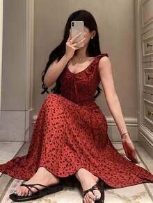 DAZY 碎花荷叶边领口收腰无袖女士睡裙圣诞节 - 紅色 - 查看 4