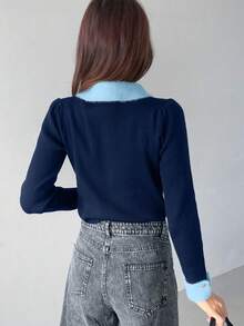 FRIFUL Women's Contrast Color Polo Neck Long Sleeve Knit Sweater - Navy Blue - View 3