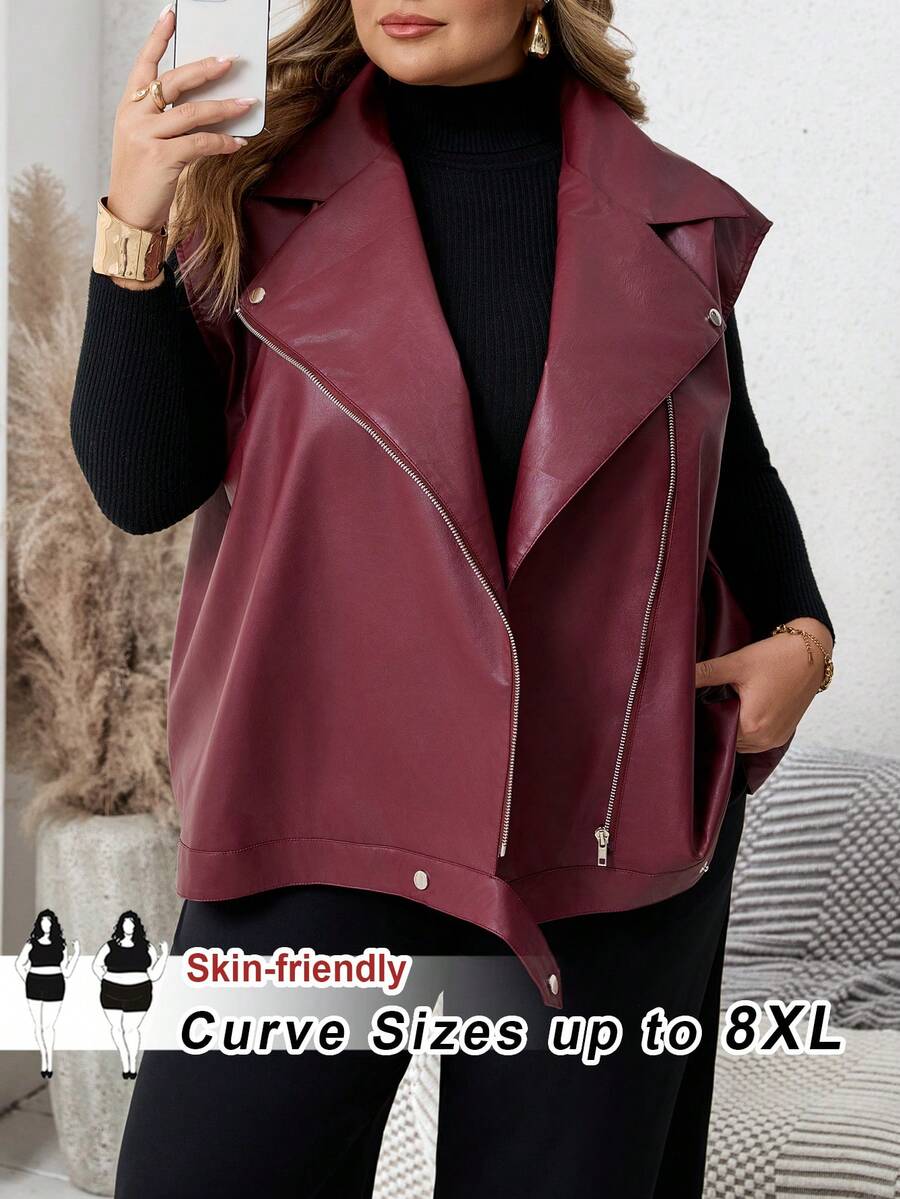 SHEIN CURVE+ 大码女式秋冬时尚休闲宽松舒适日常基本百搭红色 PU 皮背心夹克、秋季外套、休闲女装、女式秋季服装、女式西装、返校装、Y2k 服装、街头服饰、女式冬季夹克 - 酒紅色 - 查看 1