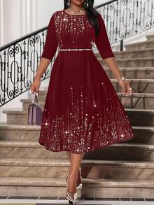 SHEIN Lady 大码女式优雅夏冬优雅紫色针织圆领飘逸长袖大码连衣裙化妆舞会礼服长袖连衣裙情人节衣服情人节 - 酒紅色 - 查看 3