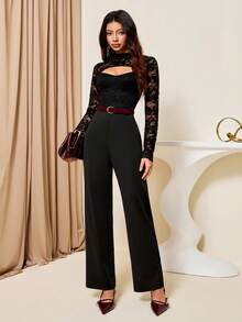 Lyxana Women's Lace Patchwork Hollow Out Slim Fit Straight Leg Jumpsuit - Black - View 8