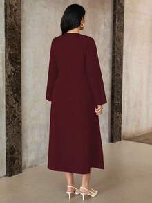 Roveilla Váy dài tay màu trơn cổ điển tối giản, bảo thủ, cỡ lớn dành cho nữ, mùa thu/đông - Màu Đỏ Sâu - Xem 2