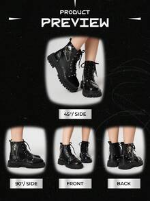 ROMWE Women Retro Platform Short Boots, Punk Style With Metal Rivet, Skull Chain Design, 5cm Thick Sole, PU Leather, Zipper, Daily Wear, Black For Christmas - Black - View 3