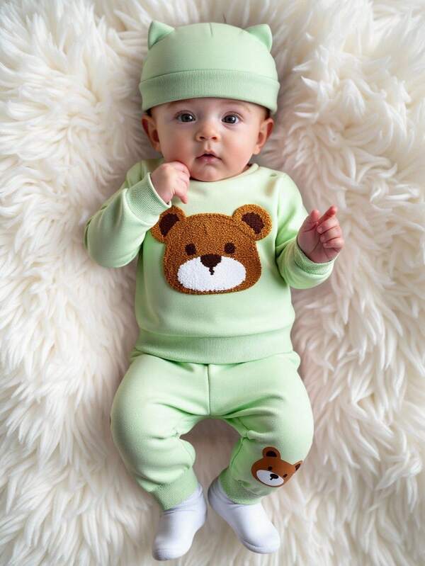 SHEIN Outfit carino da neonato con orsetto, felpa con ricamo a orsetto in tessuto morbido e delicato sulla pelle, abbinato a cappellino con orecchie da gatto, fresco e delicato nel complesso
