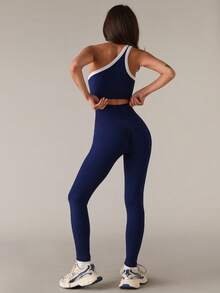 SHEIN BAE Seamless One-Shoulder Yoga Camisole Butt Lifting High Elasticity Women Sports Suit One Shoulder Workout Set Navy Workout Set Workout Set Two Piece Gym Leggings Set Activewear Set Two Piece Workout Set Yoga Set Workout Leggings Two Piece Set Active Two Piece Set Yoga Two Piece Set Workout Legging Two Piece Set Gym Two Piece Set - Navy Blue - View 2