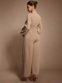 MaterniChic Autumn And Winter Maternity Solid Color Stand Collar Lantern Sleeve Faux Pearl Decor Wide Leg Elegant Jumpsuit - Khaki - View 3