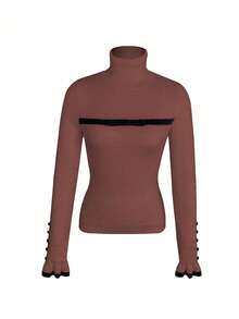 RosyDaze Women's Turtleneck Ruffle Button Design Long Sleeve Knit Pullover Sweater With Bow, Tight Fit Thermal Lining - Rust Brown - View 6