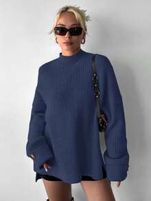 女士休闲简约纯色前短后长毛衣，秋冬 - 藍色 - 查看 6