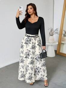 SHEIN Privé 大码优雅休闲度假百搭日常基本款甜心领弹力交叉腰带印花长袖超长连衣裙，适合女士，秋冬 - 彩色 - 查看 3