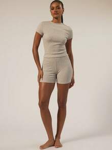 MUSERA ESSENTIALS Short Sleeve Soft Rib Crewneck Top Autumn Winter  Holidays Fall Underwear Everyday Cosy Lounge Essential - Grey - View 5