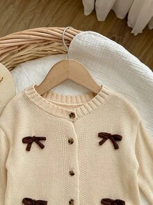 SHEIN Apricot Bowknot Cardigan, Cute & Versatile For Baby Girls, Autumn/Winter - Khaki - View 5