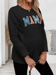 SHEIN Maternity Letter Print Round Neck Long Sleeve Casual Nursing Top Mama Shirt Pregnancy Shirts Breastfeeding Shirt Maternity Shirts - Black - View 5
