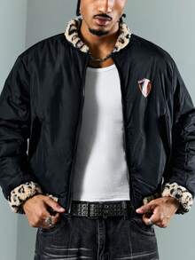 ROMWE MEN Street Life Men's Fashionable Warm Zip-Up Spider Leopard Print Patchwork Long Sleeve Padded Coat, Winter - Black - View 5