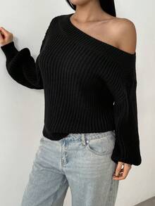 FavEase Fashionable & Versatile Women's Solid Color Oblique Shoulder Long Sleeve Loose Sexy Knit Top