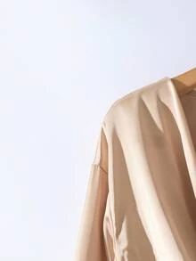 SHEIN Clasi 女士优雅长袖缎面斜纹布衬衫和网眼 2 件套，适合日常穿着和场合 - 香檳色 - 查看 4