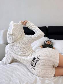 SHEIN Cozy Animal Hooded Cat Whisker Embroidery Plush Fluffy Winter Pajamas Jumpsuit - White - View 7