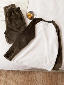 2pcs Teenage Boys Casual Plush Fleece Raglan Sleeve Contrast Color Top And Pants Loungewear Set, Autumn/Winter Fleece Sleepwear - Multicolor - View 2