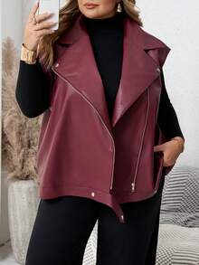 SHEIN CURVE+ 大码女式秋冬时尚休闲宽松舒适日常基本百搭红色 PU 皮背心夹克、秋季外套、休闲女装、女式秋季服装、女式西装、返校装、Y2k 服装、街头服饰、女式冬季夹克 - 酒紅色 - 查看 3