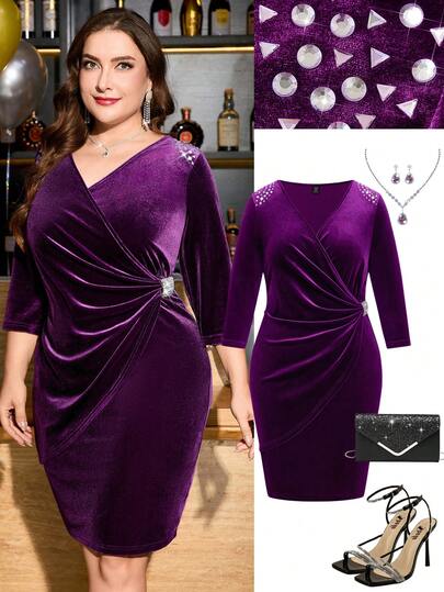 Ellevyn Plus Size Velvet Purple Beaded Bodycon 3/4 Sleeve Cocktail Dress, Suitable For Banquet, Party, Gathering,Crystal Dress,Sparkly Dress,Shiny Dress,Purple Dress,Bodycon Dress,Velvet Dress,Party Dress,Elegant Dresses For Party,Elegant Party Dresses,Christmas Party Dress,Elegant Dresses For Party,Winter Dress,New Year Dress,Thanksgiving Outfit For Women,Mother Of The Bride Dress,Wedding Guest Dress,Winter Dress Women, Luxury Evening Dresses For Women,Evening Dress