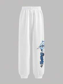 SHEIN 2 件套青少年男孩休闲街头时尚酷炫赛车涂鸦印花连帽衫和运动裤套装，适合通勤、上学、休闲外出、运动、秋冬 - 白色 - 查看 10