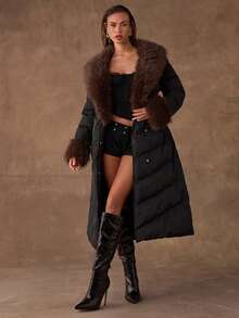 SHEIN BAE 女式冬季休闲通勤加厚外套，人造毛领，系腰带，长款 - 綠色 - 查看 7