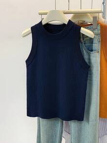 SHEIN 女式纯色圆领无袖休闲针织上衣，秋冬 - 寶藍色 - 查看 3