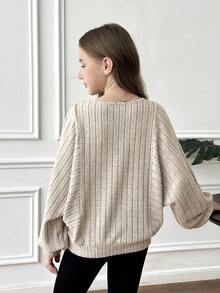 SHEIN 少女休闲纯色罗纹圆领宽松套头卫衣，百搭/宽松版型/返校/运动休闲/学院风/复古美式风格/连帽衫