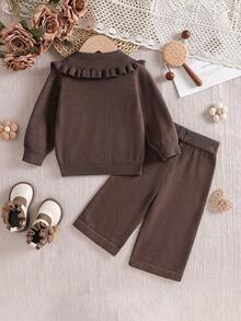 Bộ đồ gồm áo khoác cardigan dệt kim dài tay tối giản màu nâu đa năng cho bé gái năm 2025, phong cách nhẹ nhàng, thoải mái với ve áo rộng, áo len mềm mại, trang phục dệt kim mặc ngoài, thích hợp mặc hàng ngày và đi làm, mùa thu và mùa đông - Cà phê nâu - Xem 2