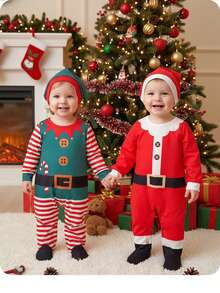 Baby Boy Cute Casual Knitted Striped Long Sleeve Jumpsuit With Hat - Green - View 2