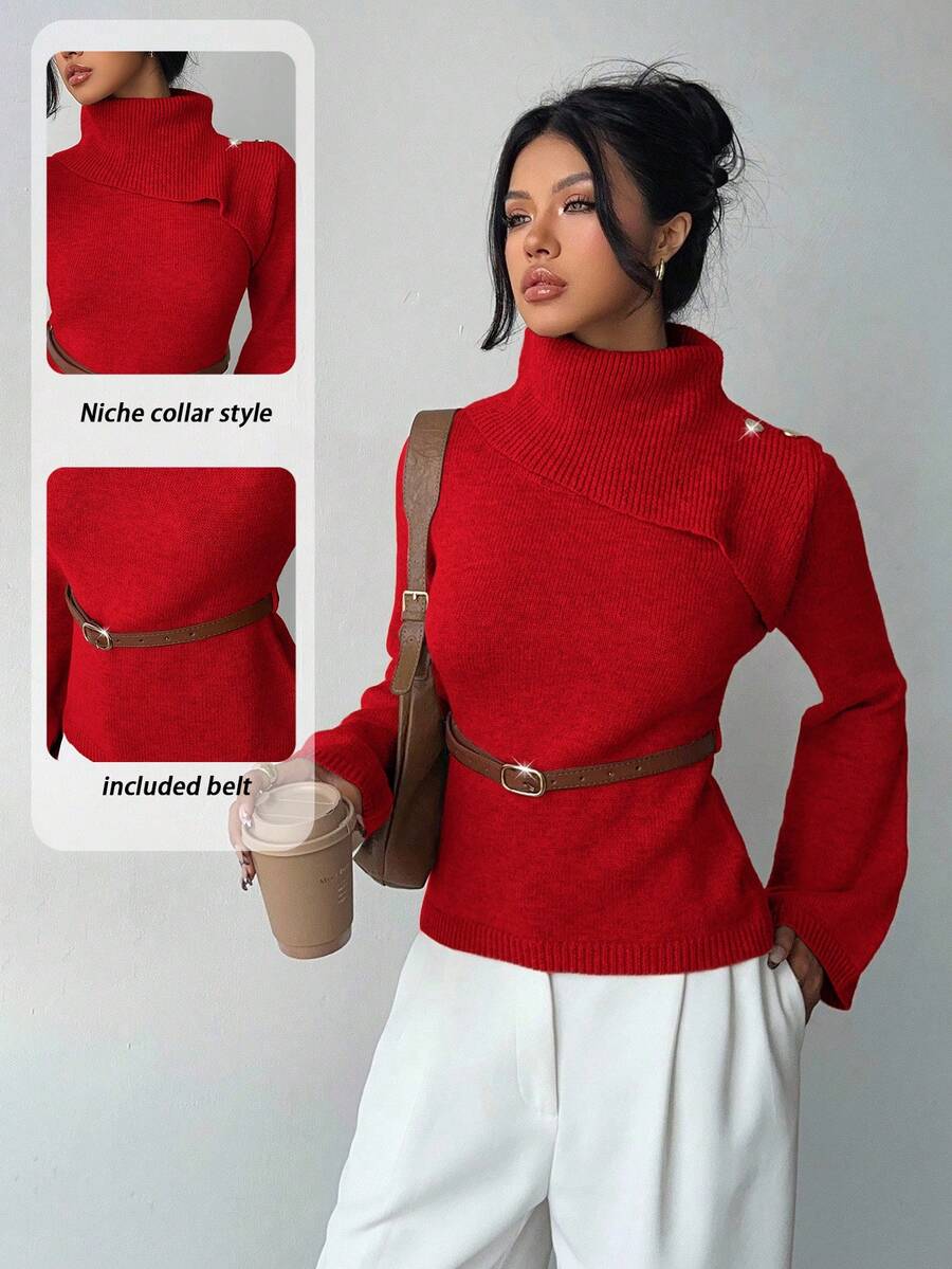 Elenzga Pulover de damă kaki elegant, cu mâneci evazate, cu guler de nișă, asortat cu o curea metalică maro la modă, pentru toamnă/iarnă - roșu - Vizualizare 1
