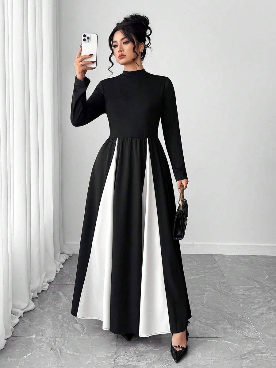 Elenzga 大码女式拼色立领法式复古优雅通勤浪漫连衣裙 - 黑色 - 查看 1