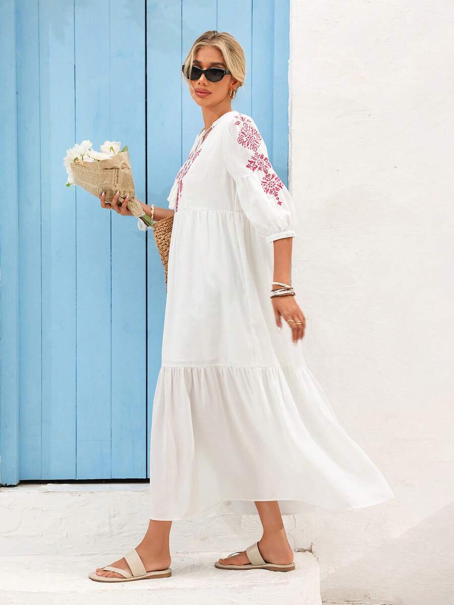 Vivid Eden 女式 V 领流苏绳拼布刺绣纹理面料 A 字形度假连衣裙 - 紅白色 - 查看 1