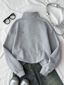 SHEIN 少女开衩拉链领马印花休闲卫衣 - 灰色 - 查看 2